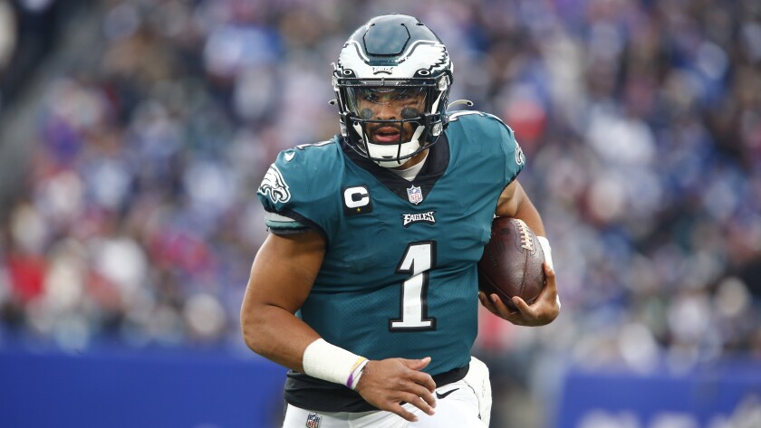 Philadelphia Eagles quarterback Jalen Hurts during the second half of an NFL football game against the New York Giants, Sunday, Nov. 28, 2021, in East Rutherford, N.J. (AP Photo/John Munson)