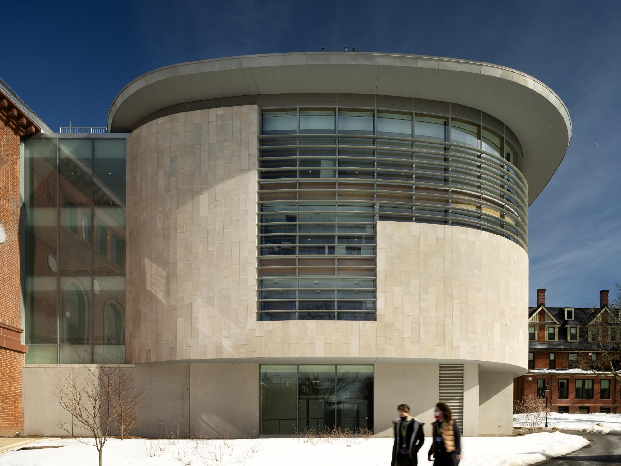 One of the new wings of the Neilson Library, a four-story, rounded structure covered in limestone.