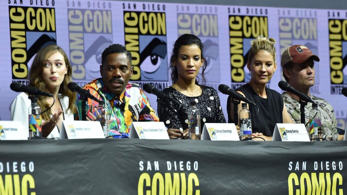 Alycia Deb-Carey, Colman Domingo, Danay Garcia, Jenna Elfman, and Garret Dillahunt participate in the panel discussion for "Fear the Walking Dead" at the 2018 San Diego Comic-Con International.