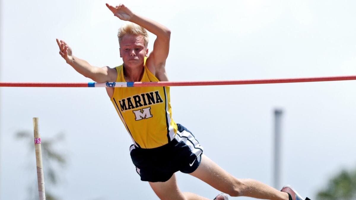 Marina High's Skyler Magula clears a career-best 15 feet 9 inches to claim the boys' pole vault title in the CIF Southern Section Masters track and field meet at El Camino College on May 26, 2018.