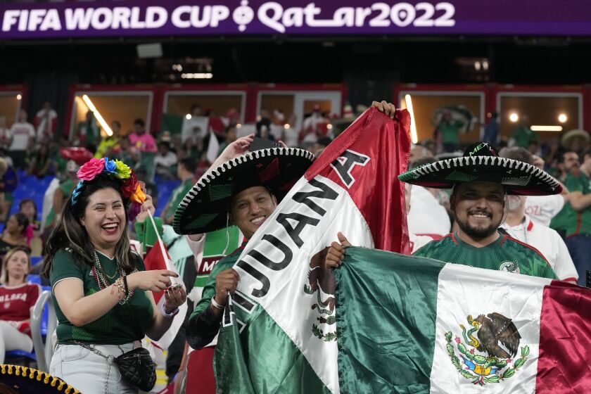 Mexican fans hold their national flag during a World Cup match against Poland