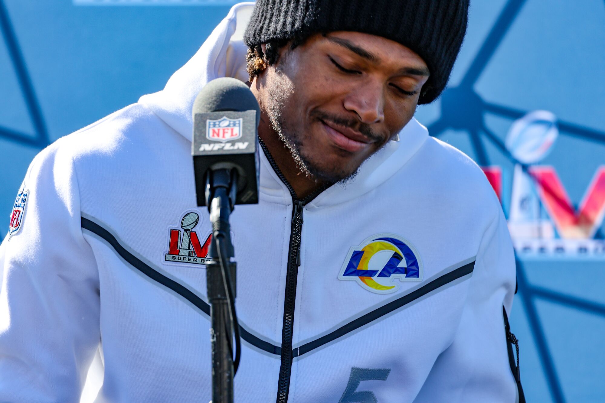Rams’ Jalen Ramsey answers questions at Super Bowl media day
