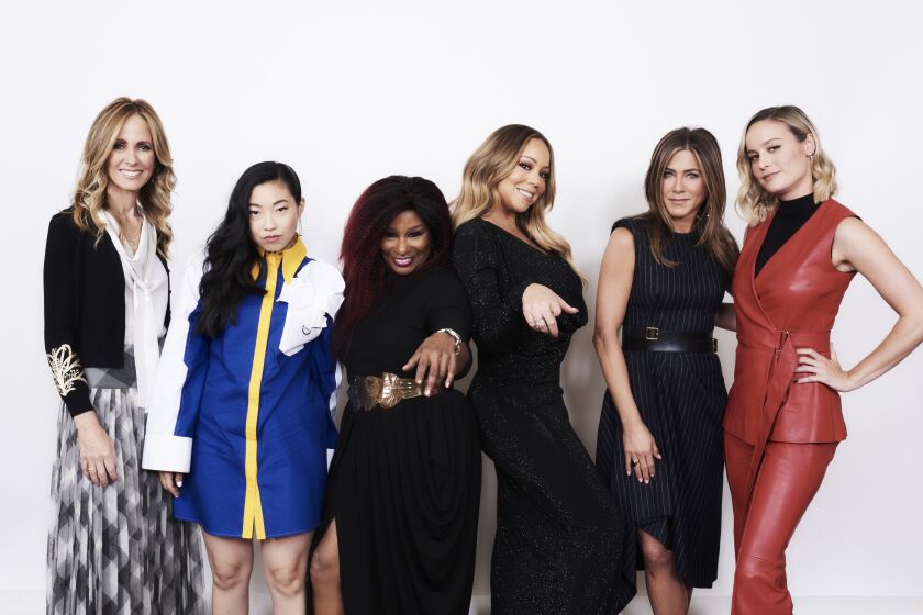 Honoree Dana Walden, Chairman of Disney Television Studios and ABC Entertainment, from left, with fellow honorees Awkwafina, Chaka Khan, Mariah Carey, Jennifer Aniston and Brie Larson attend Variety's Power of Women presented by Lifetime at the Beverly Wilshire on October 11, 2019, in Beverly Hills.