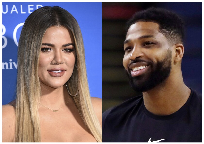 This combination photo shows TV personality Khloe Kardashian at the NBCUniversal Network 2017 Upfront in New York on May 15, 2017, left, and Cleveland Cavaliers' Tristan Thompson during an NBA basketball practice in Oakland, Calif., on May 30, 2018. A representative for Kardashian confirms she and ex Tristan Thompson have conceived a sibling for daughter True via surrogate. In a statement, the rep says the surrogate got pregnant in November. (AP Photo)
