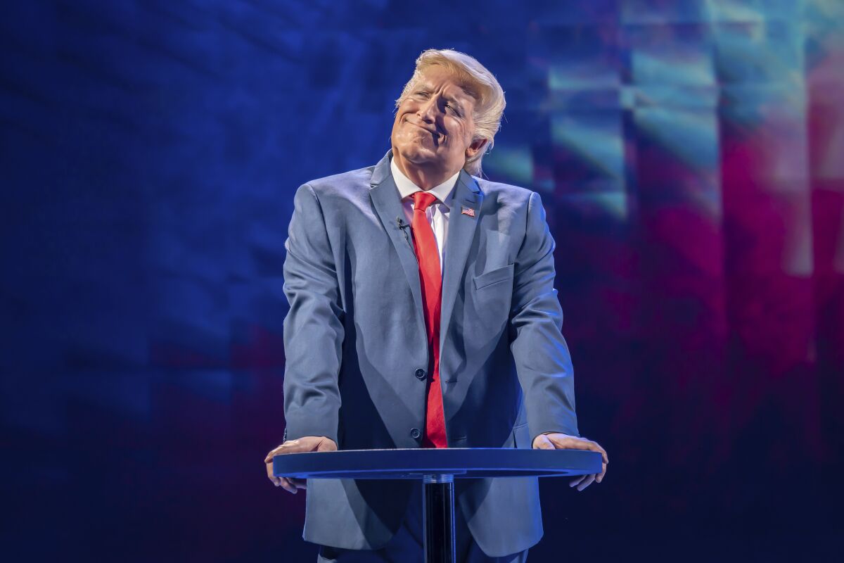 Bertie Carvel plays Donald Trump in The 47th, at The Old Vic theater, in London on April 6, 2022. Mike Bartlett’s play “The 47th” is an audaciously Shakespearean take on recent and future U.S. politics that is running at London's Old Vic. The title refers to the next president of the United States, who will be the 47th holder of that office, and depicts a high-stakes 2024 election battle. “Actor Bertie Carvel, who plays Trump, says he loves the “daring and the audacity” of the play, with its Shakespearean echoes. (Marc Brenner via AP)