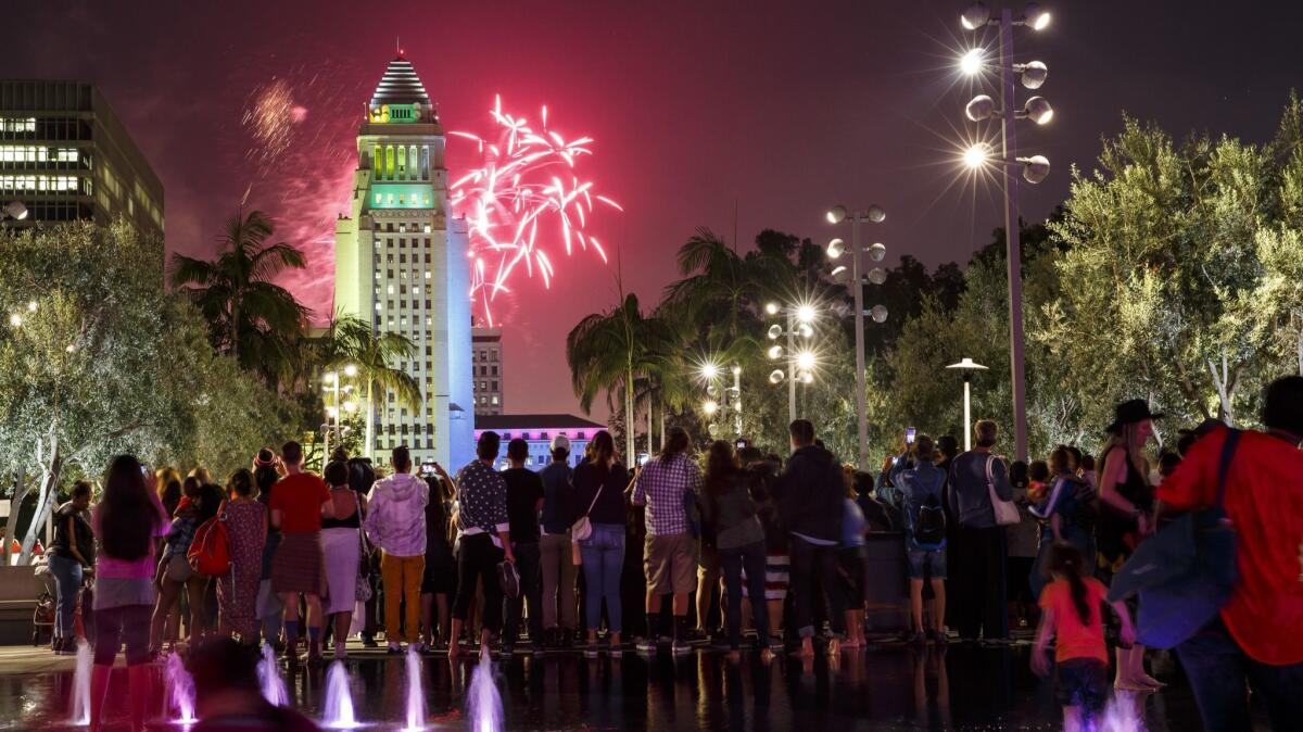 Fireworks at the 4th annual Grand Park + Music Center's Fourth of July Block Party in Los Angeles, Calif.