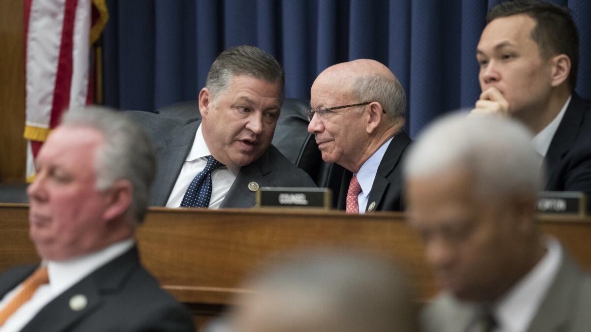 U.S. House Transportation and Infrastruction Committee Chairman Bill Shuster (R-Pa.), left, and ranking member Rep. Peter DeFazio (D-Ore.) talk during a committee hearing on May 2, 2017.