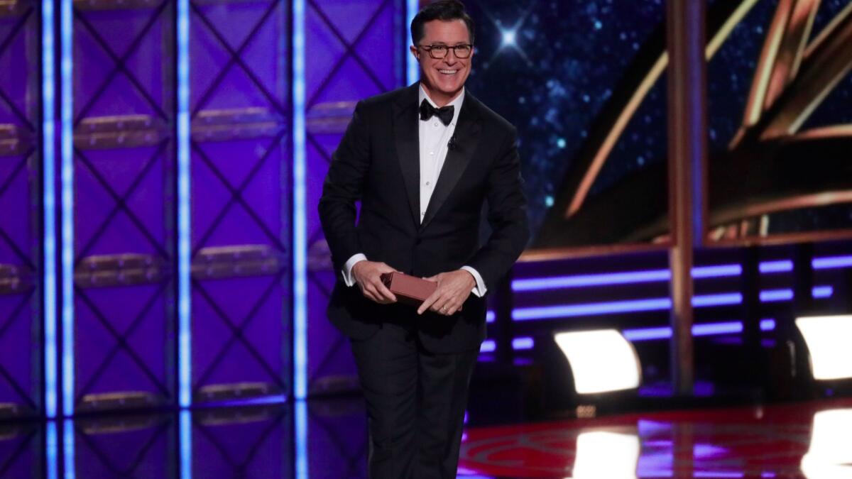 Stephen Colbert hosts the 69th Primetime Emmy Awards at the Microsoft Theater in Los Angeles.