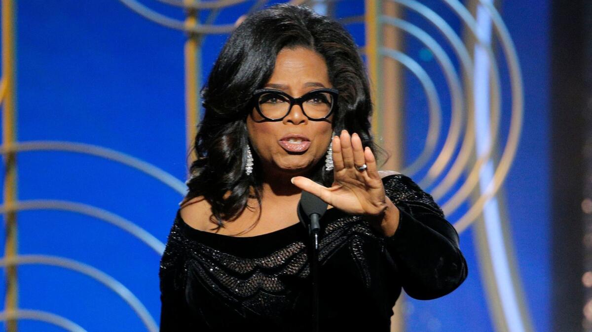 Oprah Winfrey accepts the Cecil B. DeMille Award at the Golden Globe Awards on Jan. 7.