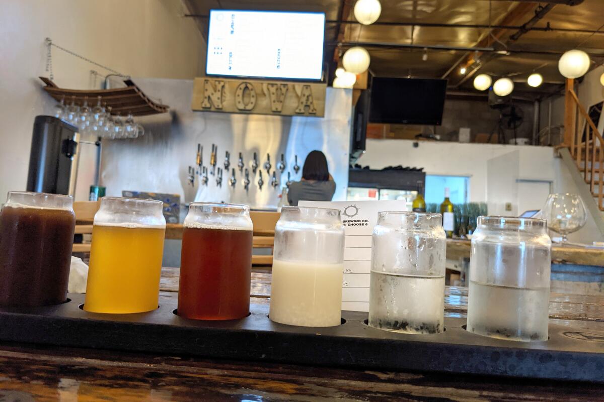 Flight of five beers at a bar with taps and a bartender visible in the background