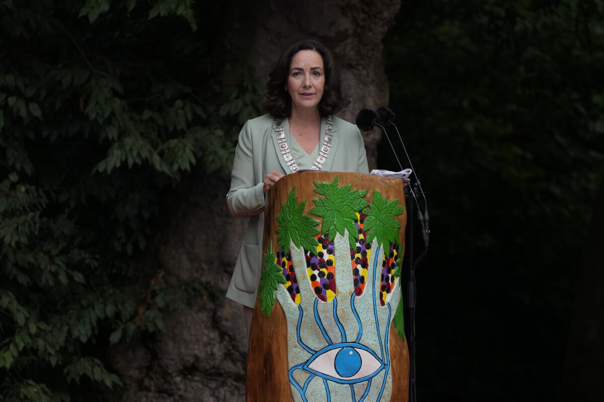 Mayor Femke Halsema apologized for the involvement of the city's rulers in the slave trade during a nationally televised annual ceremony in Amsterdam, Netherlands, Thursday, July 1, 2021, marking the abolition of slavery in its colonies in Suriname and the Dutch Antilles on July 1, 1863. The anniversary is now known as Keti Koti, which means Chains Broken. Debate about Amsterdam's involvement in the slave trade has been going on for years and gained attention last year amid the global reckoning with racial injustice that followed the death of George Floyd in Minneapolis last year. (AP Photo/Peter Dejong)