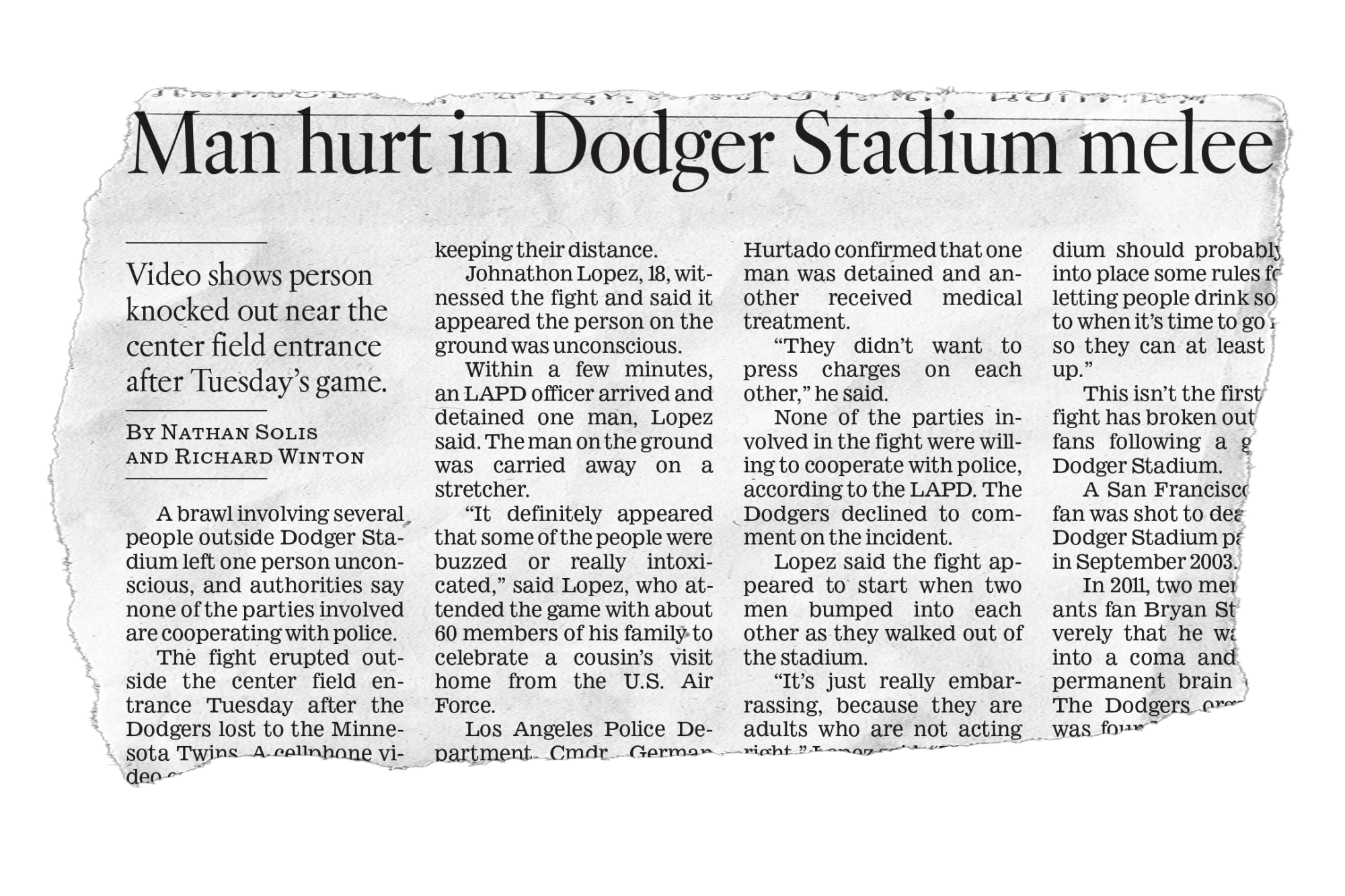 A newspaper clipping for an old story, with the headline "Man hurt in Dodger Stadium melee"