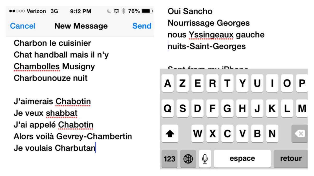 Partial results of attempts to dictate French wine names into an iPhone.