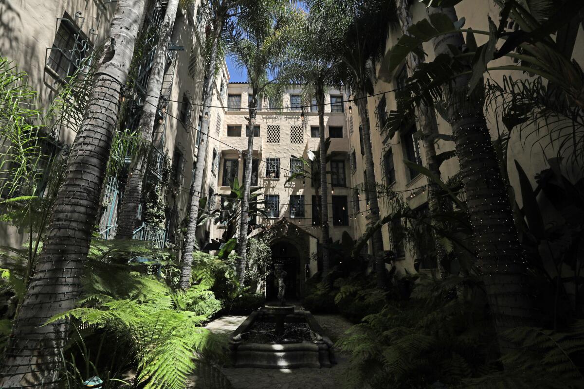  The courtyard of a Spanish Colonial-style building.