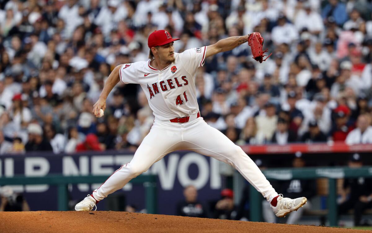 Angels pitcher Jack Kochanowicz delivers against the New York Yankees at Angel Stadium.