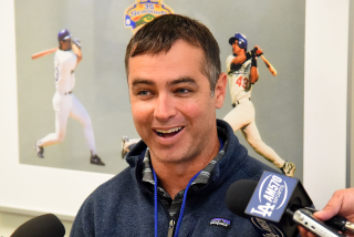 Billy Gasparino, head of amateur scouting for the Los Angeles Dodgers, speaks to the media.