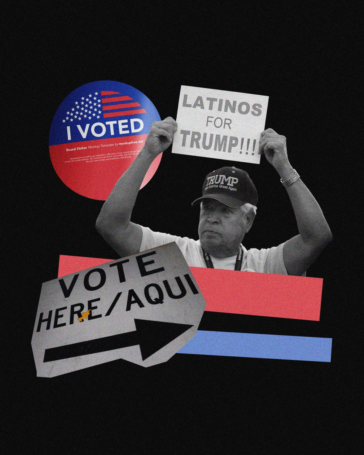 A collage with photos of an "I voted" sticker, a "Vote here/aqui" sign, and a man with a sign reading "Latinos for Trump!!!"