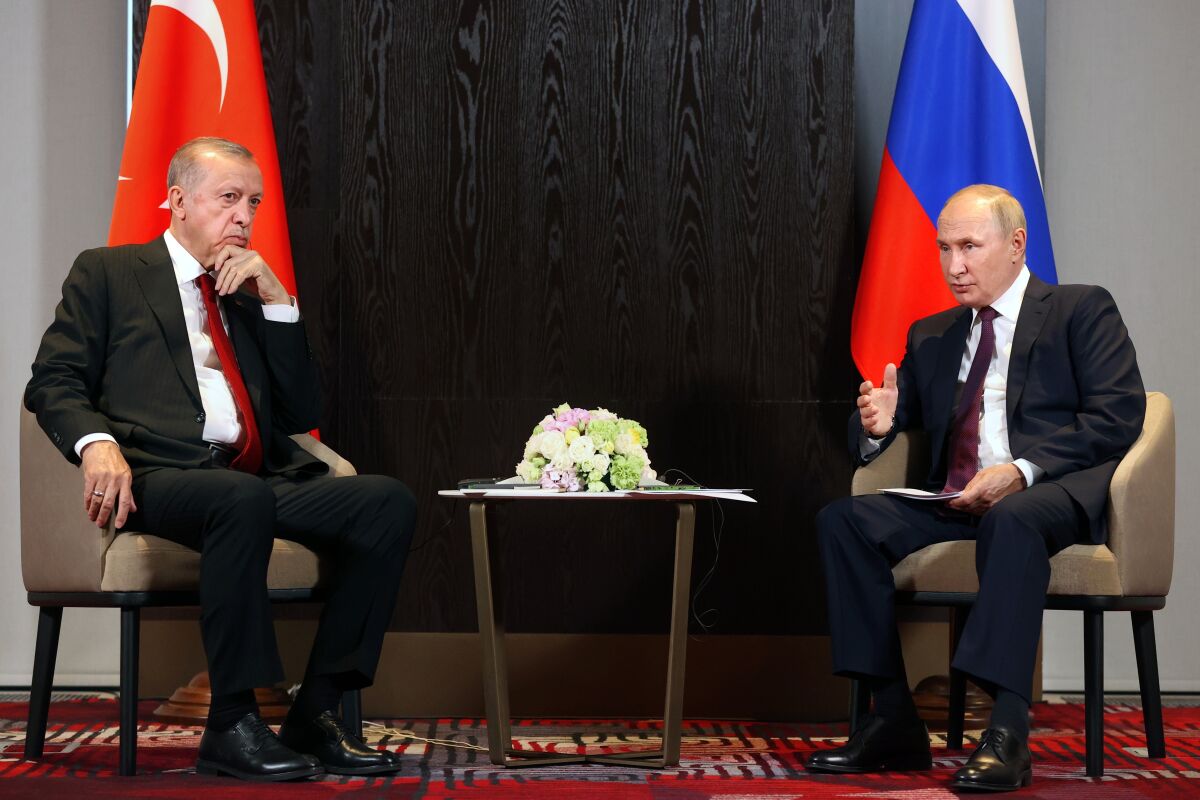 Sağda Vladimir Putin, Recep Tayyip Erdoğan ile konuşuyor.  Her ikisi de kendi ülkelerinin bayraklarının önünde oturuyor
