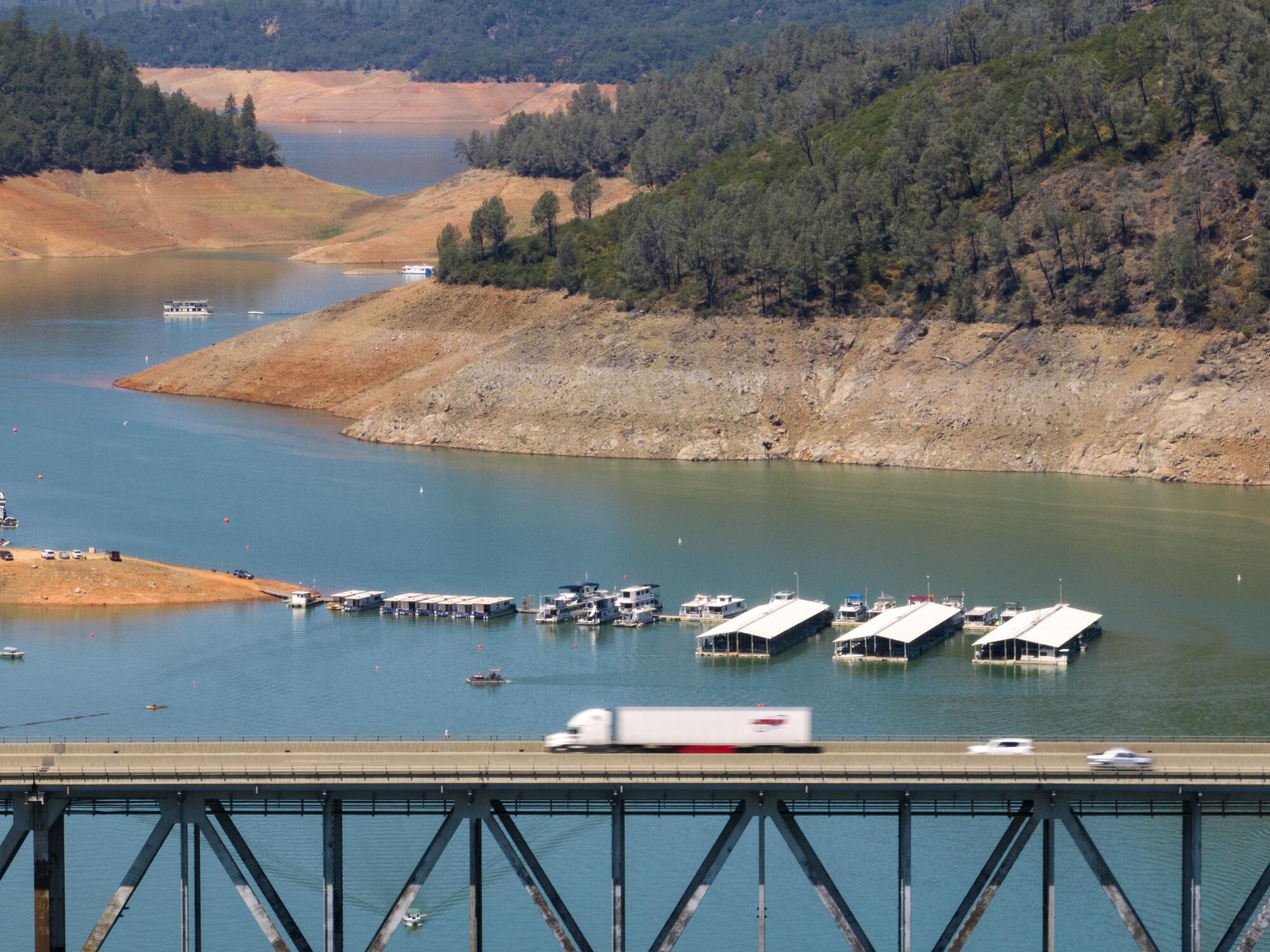 Traffic on Interstate 5 passes over Shasta Lake via the Pit River Bridge.