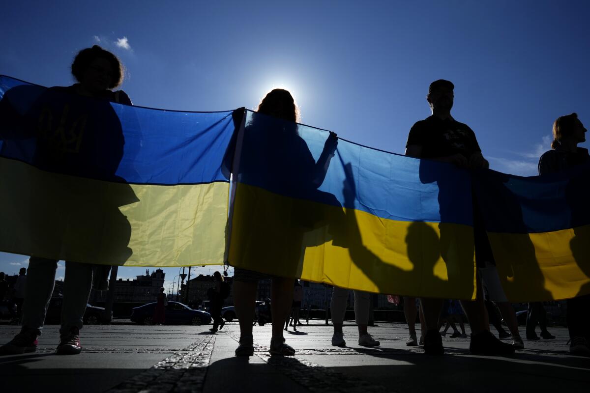 Protesters holding Ukrainian flags 