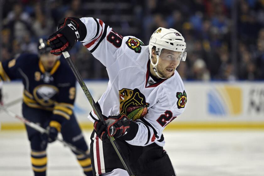 Chicago's Ryan Garbutt plays against the Buffalo Sabres on Dec. 19. Garbutt has been traded to the Ducks.