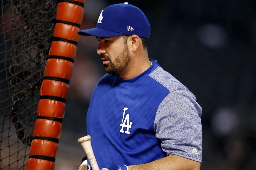 Los Angeles Dodgers' Adrian Gonzalez steps out of the batting cage prior to a baseball game against the Arizona Diamondbacks Friday, April 21, 2017, in Phoenix. (AP Photo/Ross D. Franklin)