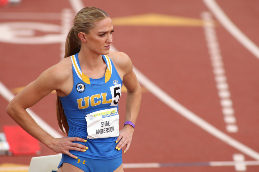 Shae Anderson of UCLA looks on ahead of the 400-meter hurdle final during the 2021 season