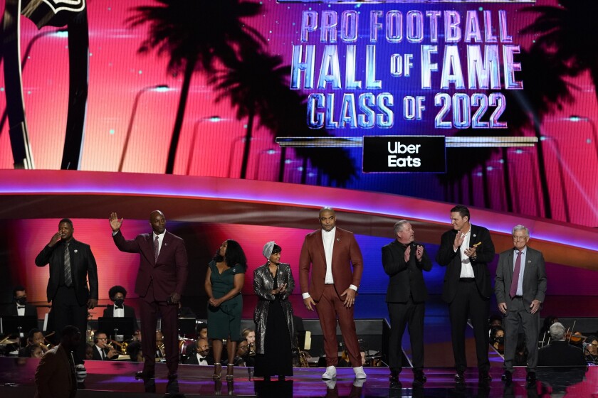 The 2022 NFL Football Hall of Fame class is seen during the NFL Honors show.