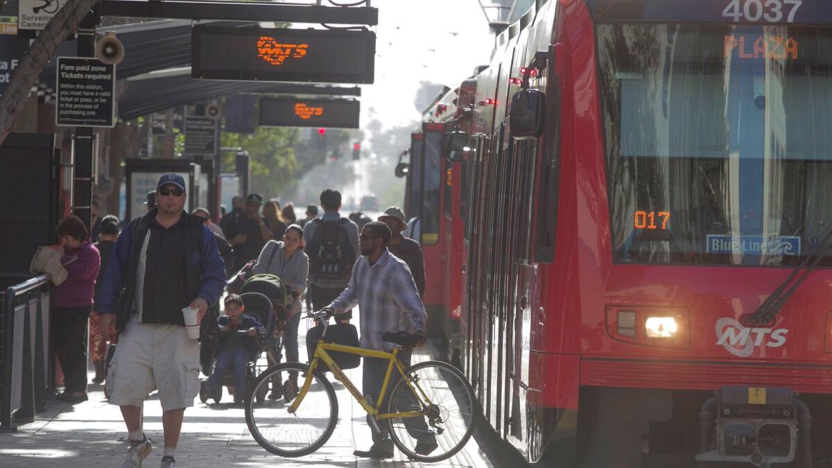 The Mid-Coast Trolley extension is expected to connect downtown San Diego (shown in this photo) to the sprawling job center that is University City. (John Gibbins / Union-Tribune)