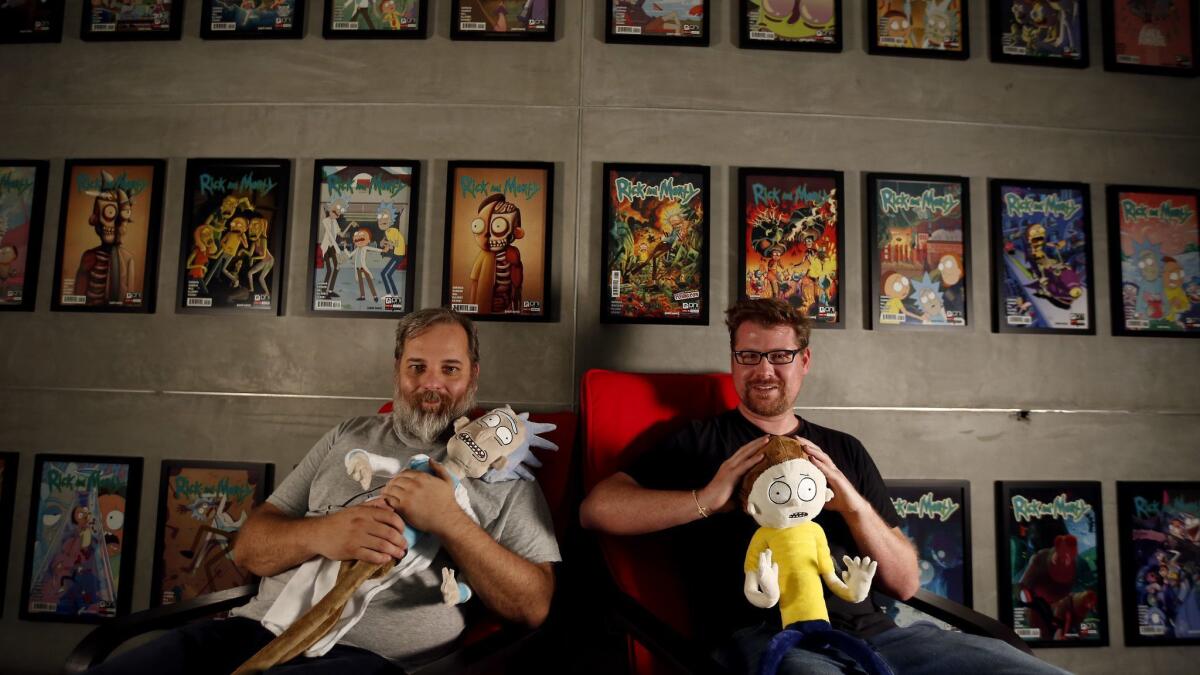 Dan Harmon, left, and Justin Roiland, right, creators of "Rick and Morty" at their studio in Burbank.