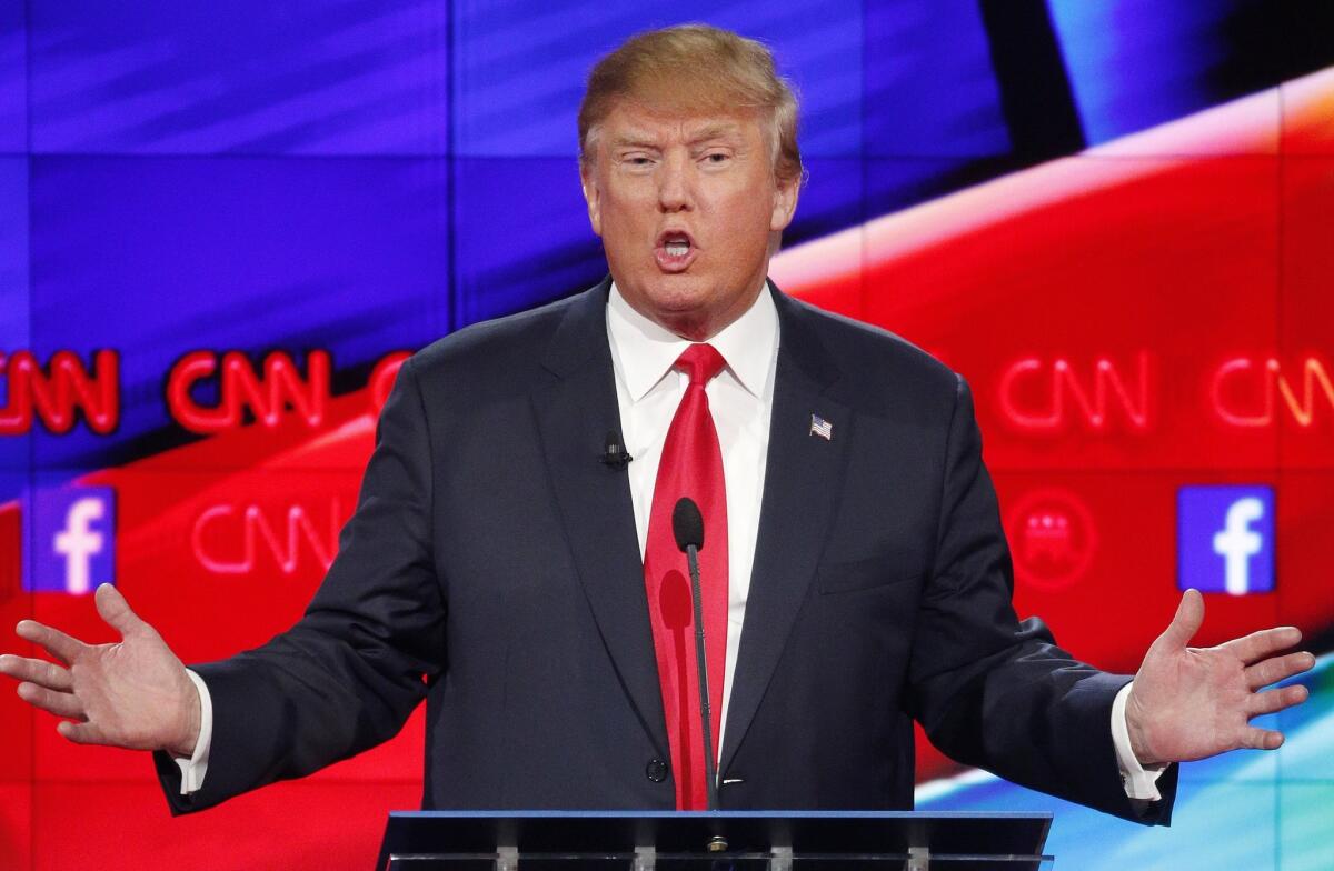 Donald Trump makes a point during the CNN Republican presidential debate in Las Vegas on Dec. 15.