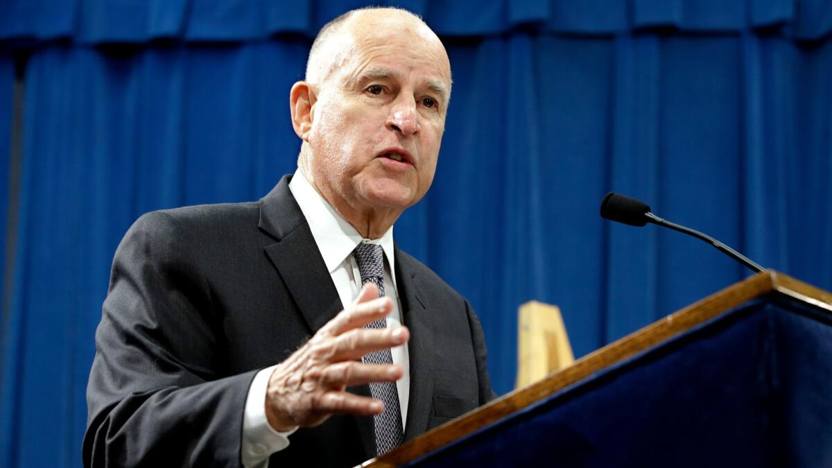 California Gov. Jerry Brown discusses his proposed 2018-19 state budget at a press conference on Jan. 10, 2018, in Sacramento, Calif.