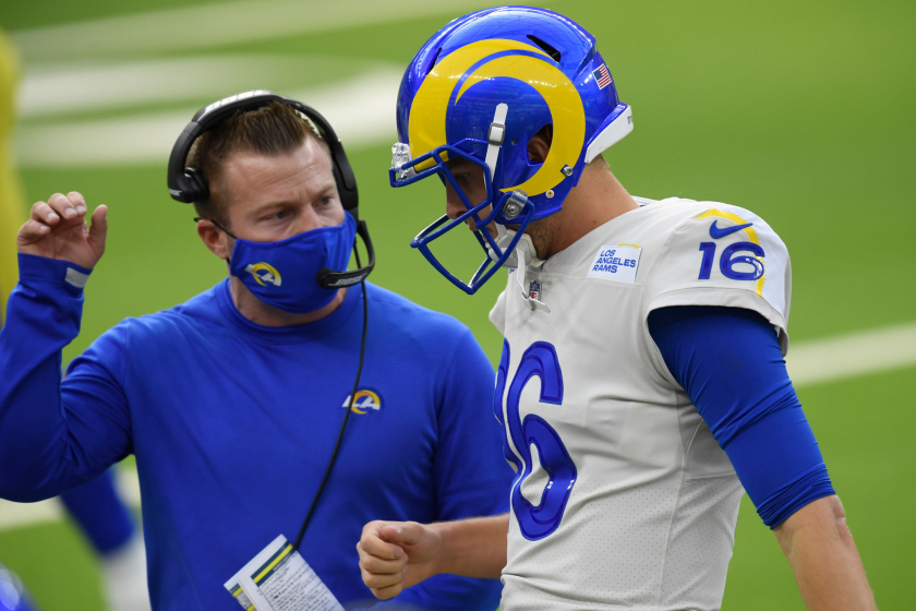 L.A. Rams head coach Sean McVay speaks with quarterback Jared Goff.