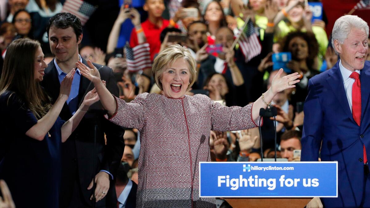 A victorious Hillary Clinton could still face a Congress controlled by Republicans, who have succeeded in blocking much of President Obama's major initiatives. Above, Clinton celebrates after winning the New York primary in April.