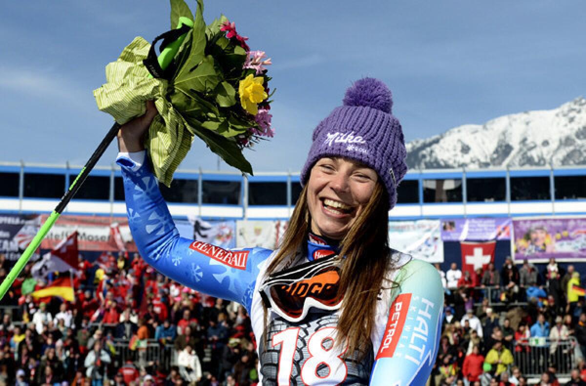 Tina Maze celebrates after winning the World Cup downhill race Saturday in Garmisch-Partenkirchen, Germany.