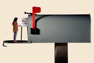 Illustration of a figure voting inside a mailbox with the red flag raised.