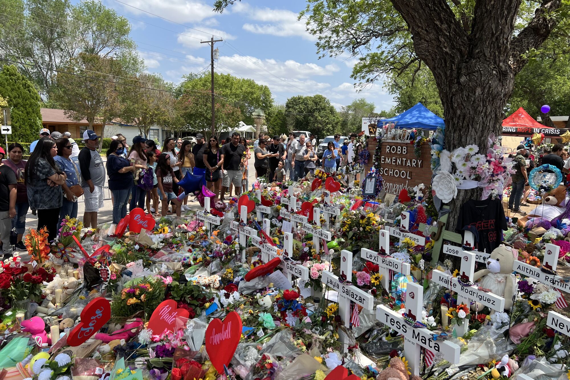A memorial outside the Uvalde, Texas, elementary school where 19 children and two teachers were killed.