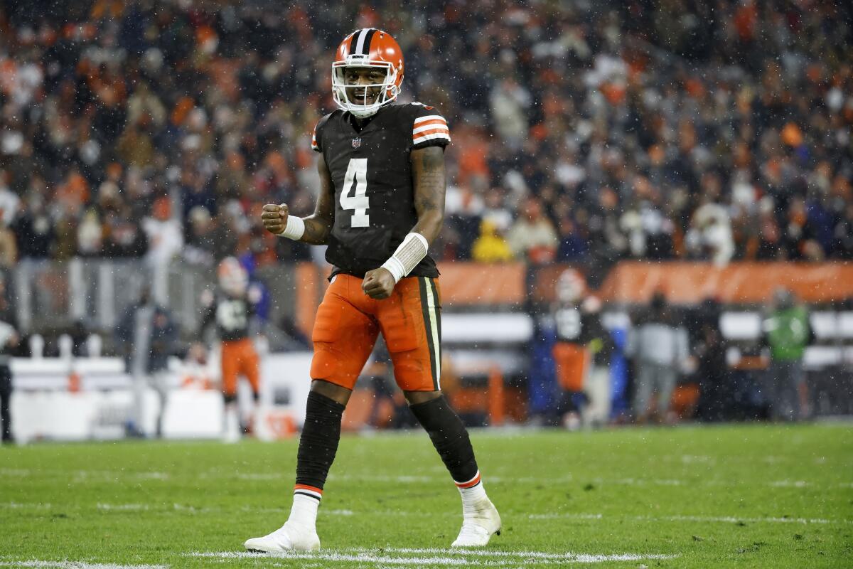Cleveland Browns quarterback Deshaun Watson reacts after getting a first down against the Baltimore Ravens.