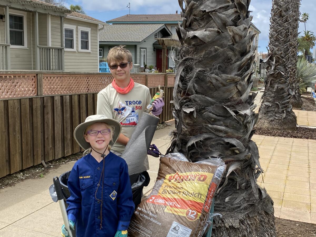 Ocean Beach resident Jill Treppa sent this photo of her grandchildren helping a neighbor by doing yard work. Killian, a Star Scout of Point Loma-based Troop 500, weeded around a palm tree, and he and his sister Lorelei, who is both a Tiger Cub Scout of Point Loma-based Pack 546 and a Daisy Girl Scout, laid a fabric barrier with mulch around the tree to complete the job. Now they are making masks and delivering them to the San Diego Police Department to give to homeless people in OB.