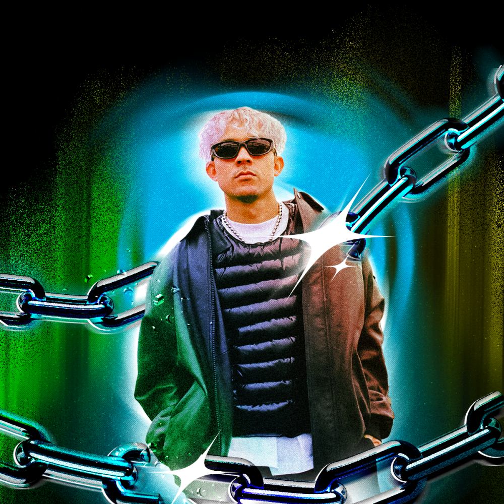 A man in sunglasses, striped shirt and jacket illustrated breaking through chains