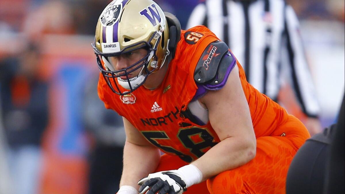 Kaleb McGary, shown at the January Senior Bowl, was a standout on the University of Washington offensive line.