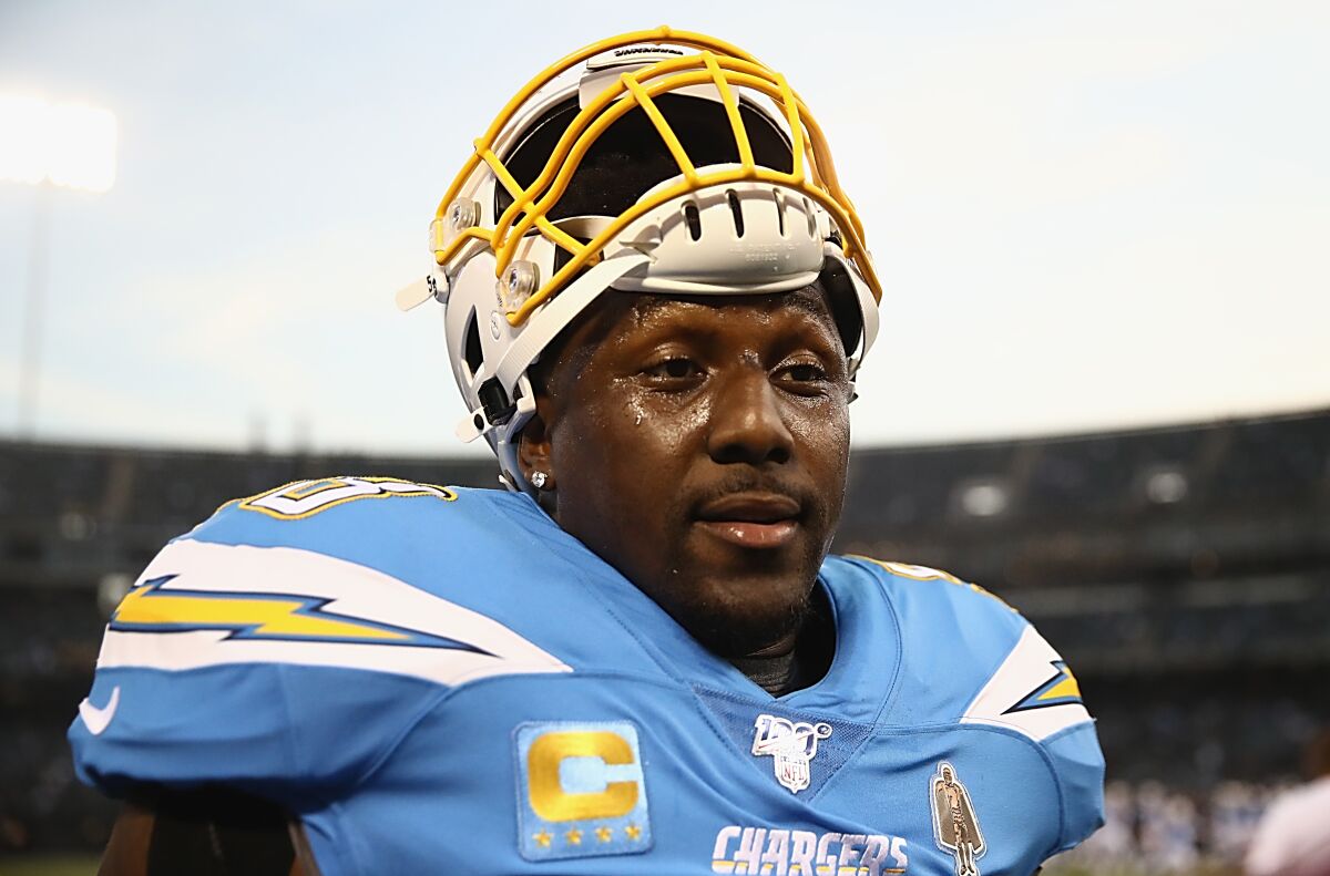 Chargers linebacker Thomas Davis speaks to reporters before a game against the Oakland Raiders.