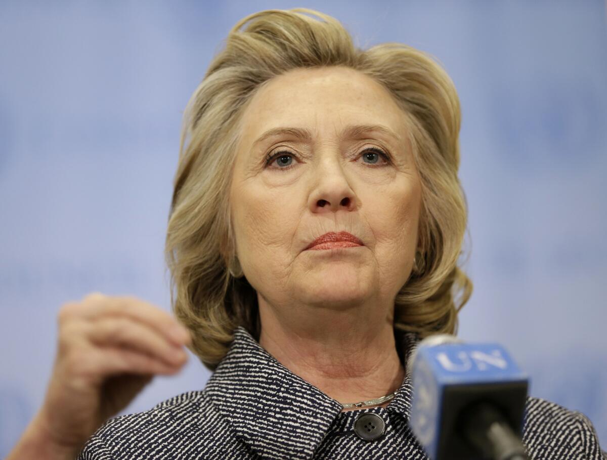 Hillary Rodham Clinton speaks to reporters Tuesday at United Nations headquarters in New York.