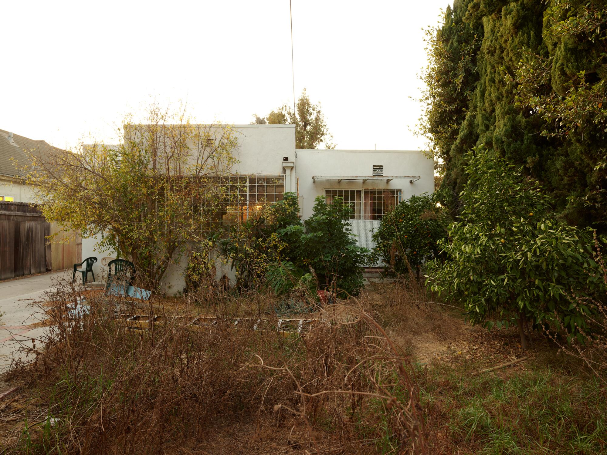 A rundown house and scraggly yard