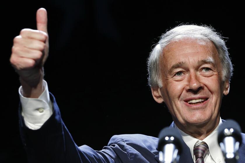 Sen. Edward Markey (D-Mass.) gives a thumbs-up while speaking at the Massachusetts state Democratic Convention in Lowell, Mass.
