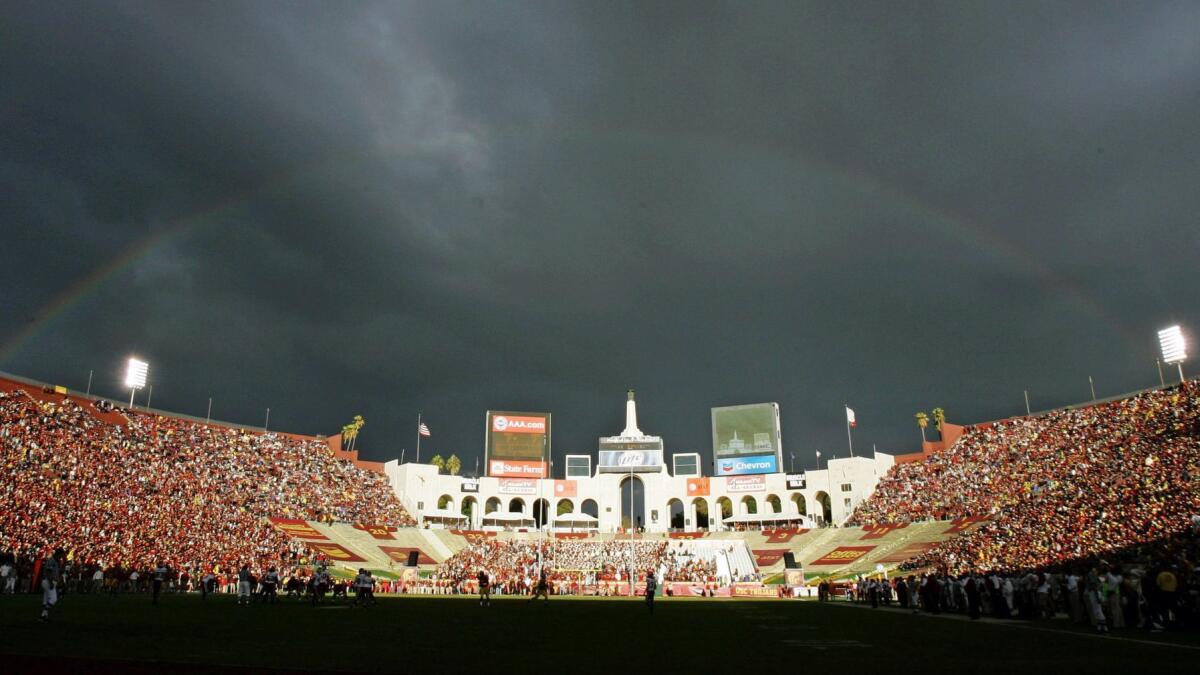 The interior of the Los Angeles Memorial Coliseum during a college football game between USC and Washington State in 2007.