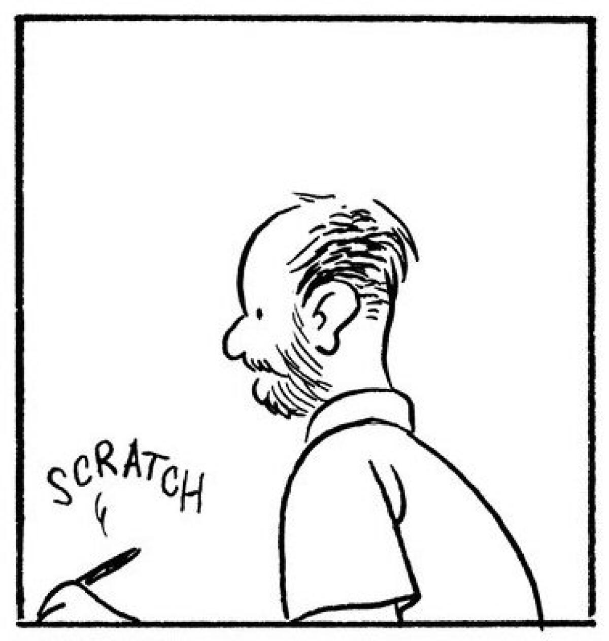 A black-and-white line drawing shows a balding cartoonist sitting at a desk drawing. Above his pen is the word scratch.