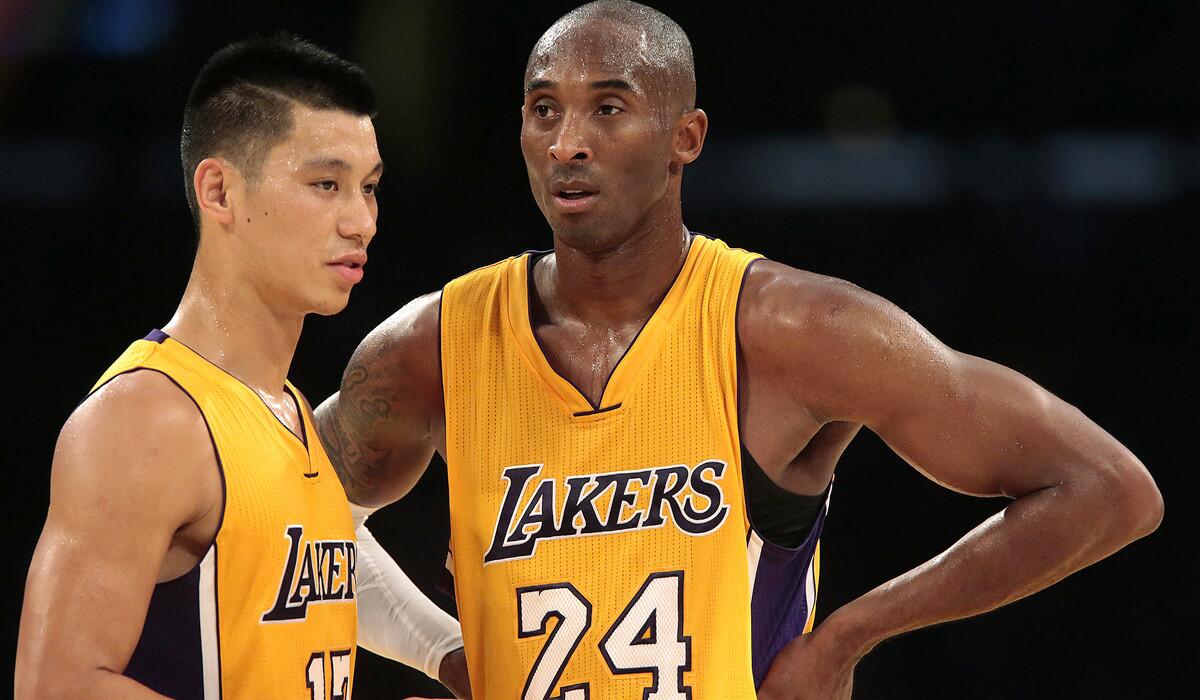 Guards Kobe Bryant (24) and Jeremy Lin of the 5-16 Lakers.