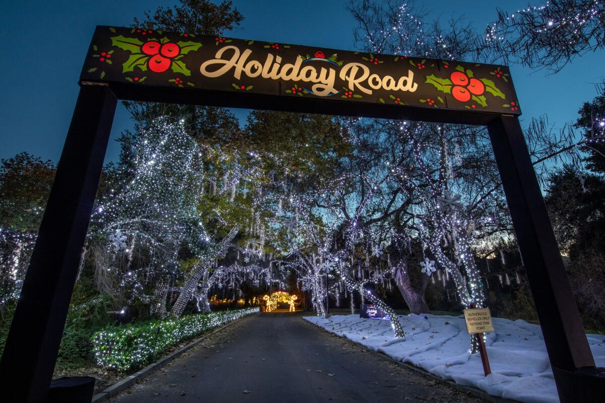 The entrance to Holiday Road at King Gillette Ranch lit up