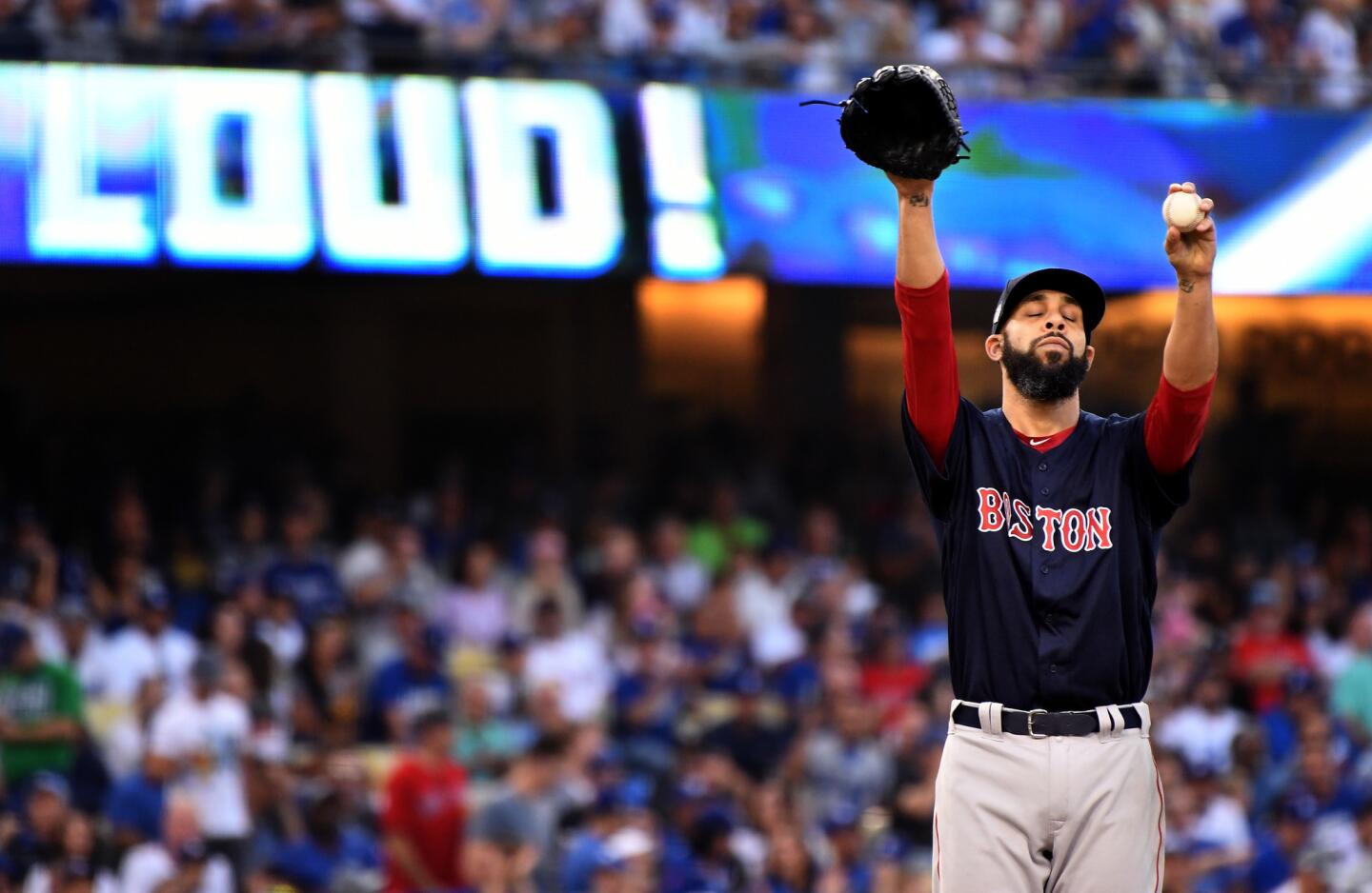 Red Sox pitcher David Price reacts after giving up a solo home run to Dodgers David Freese in the 1st inning.